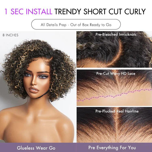 8" Curly  MINIMALIST Hd LACE GLUELESS Wig