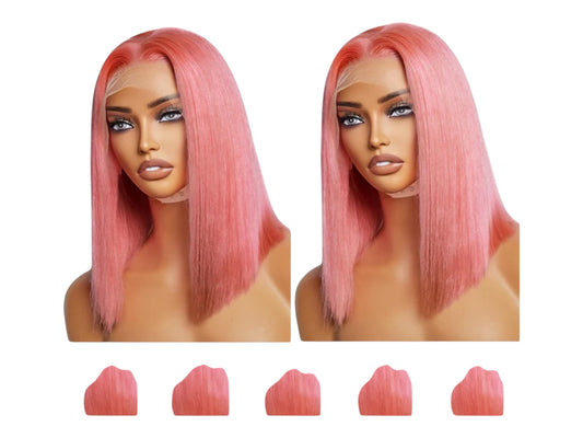 PRE-PLUCKED 13x4" #PINK Straight Bob Lace frontal Wig 150 Percent Density- 100 Percent Human Hair